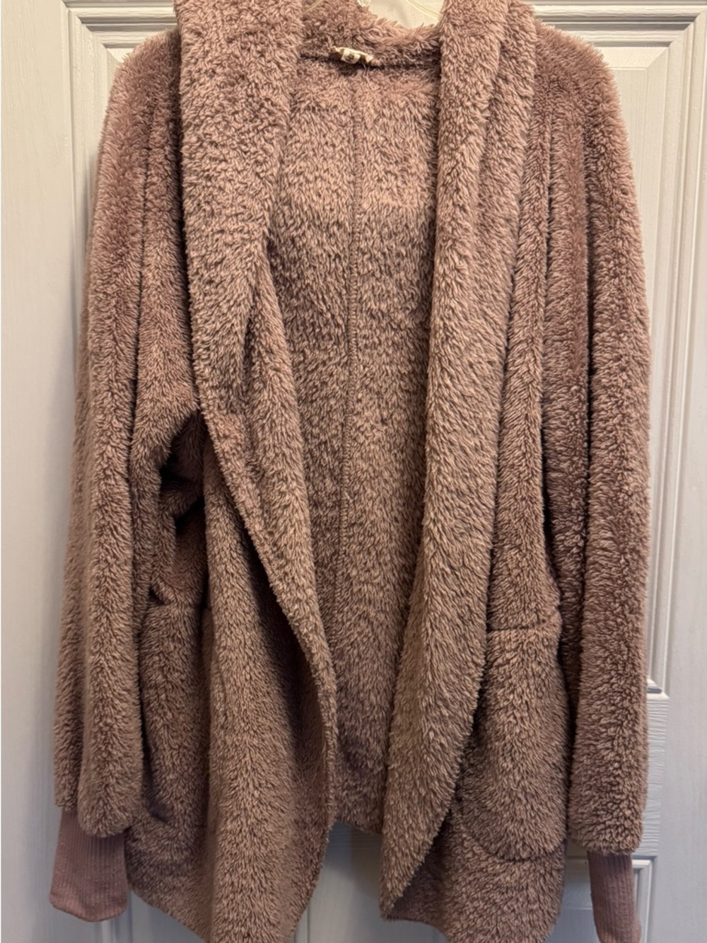 Hem & Thread Plush Open-Front Hooded Jacket in Mauve